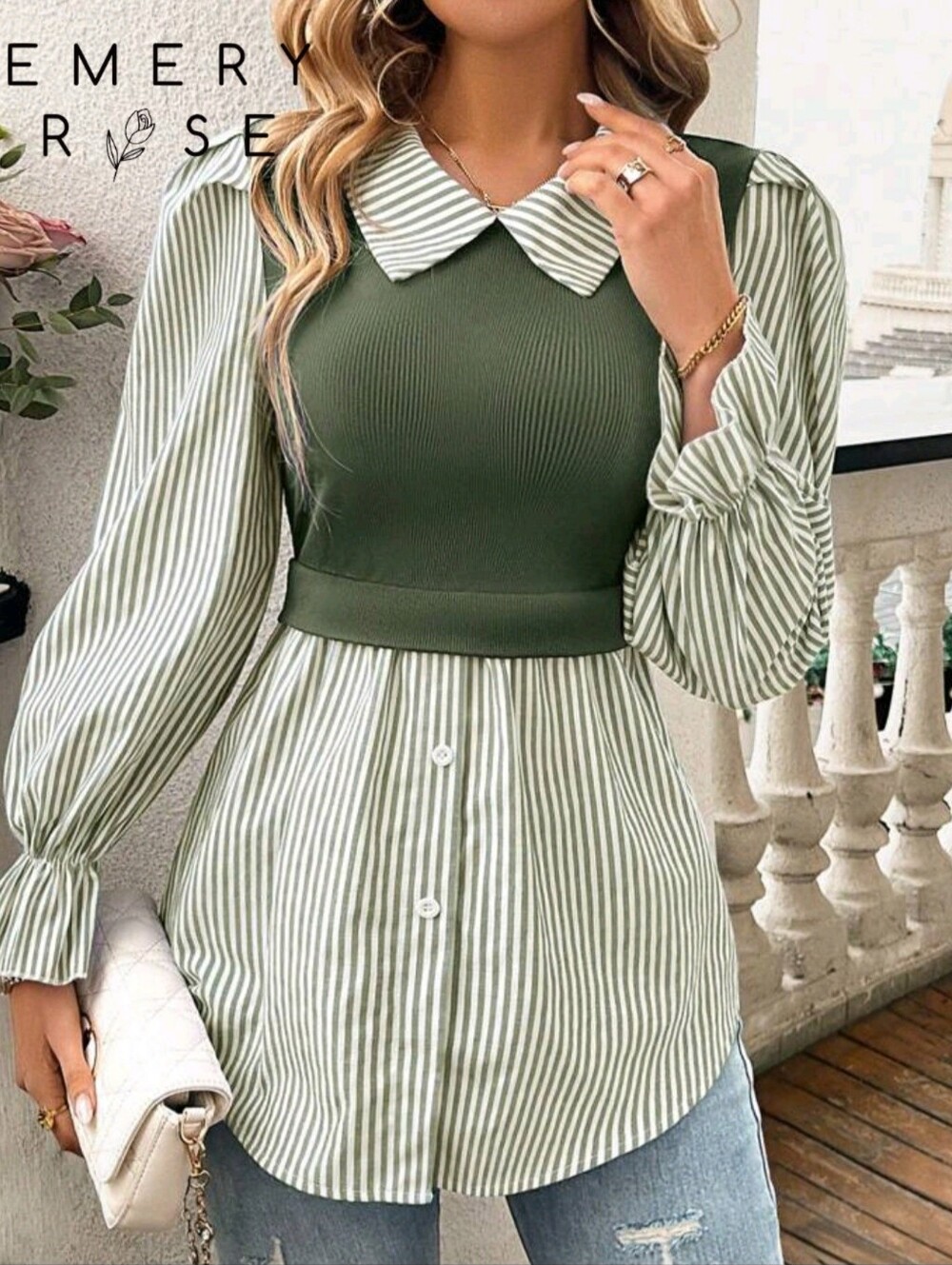 Striped Collared Blouse with Olive Overlay